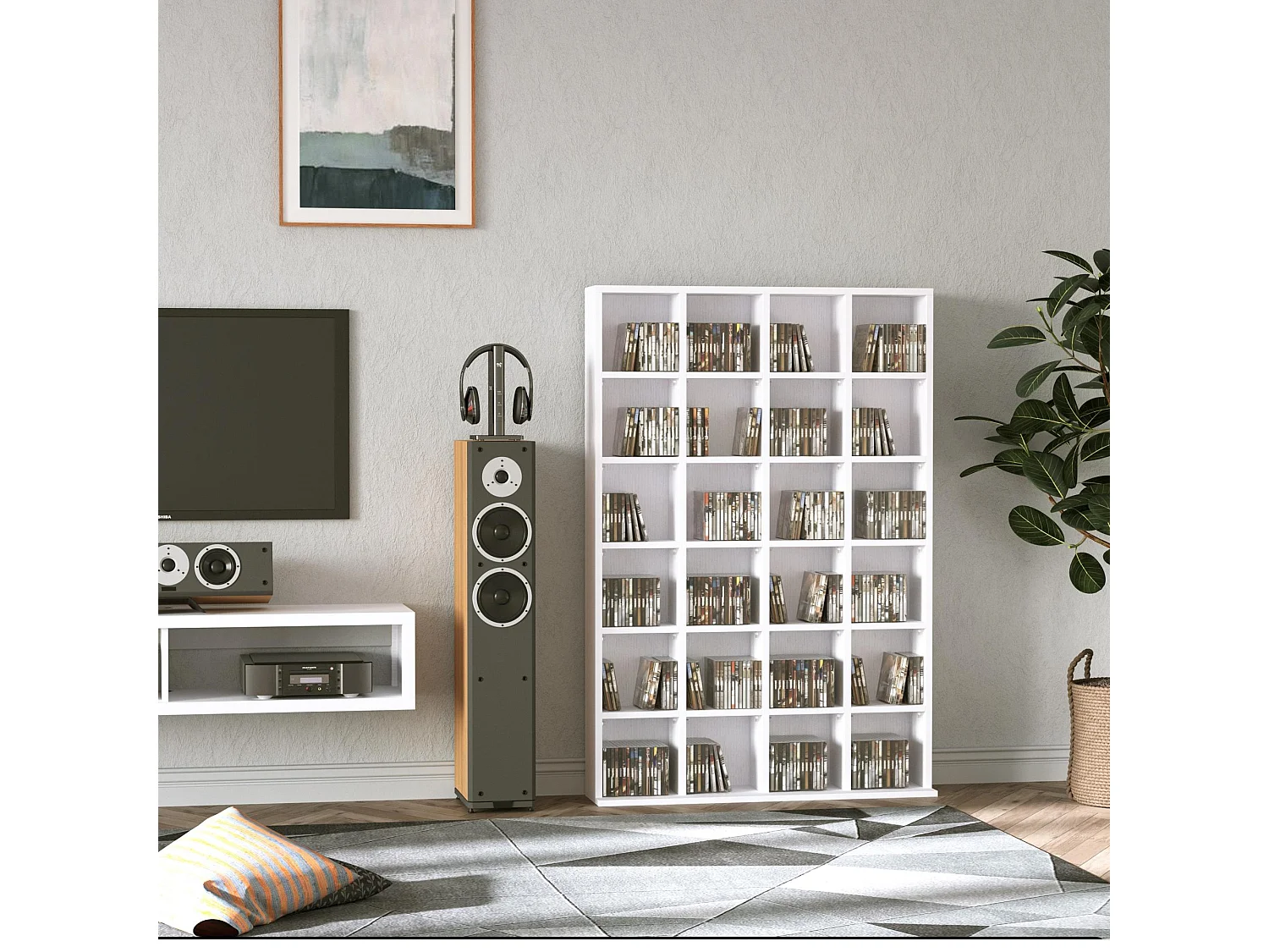 Étagère rangement CD/DVD meuble de rangement pour 480 CDs 24 compartiments réglables en hauteur 89 x 20 x 130 cm blanc
