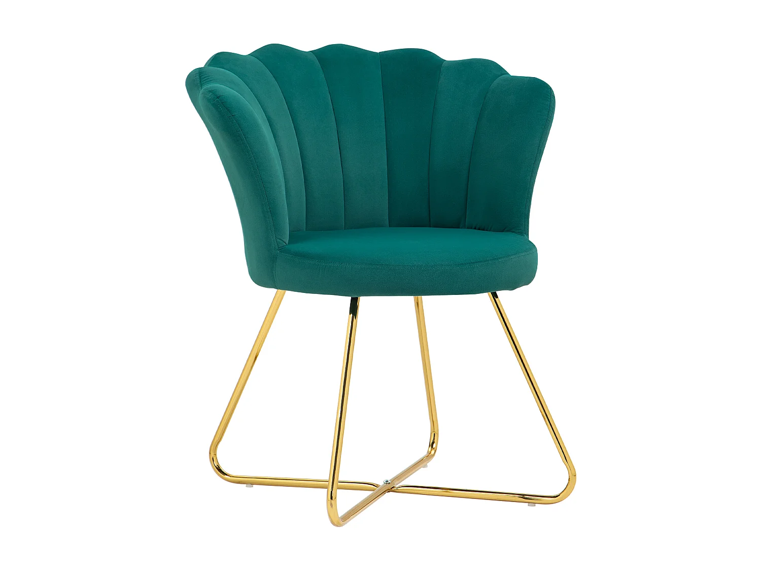 Fauteuil design coquillage piètement acier doré velours vert émeraude