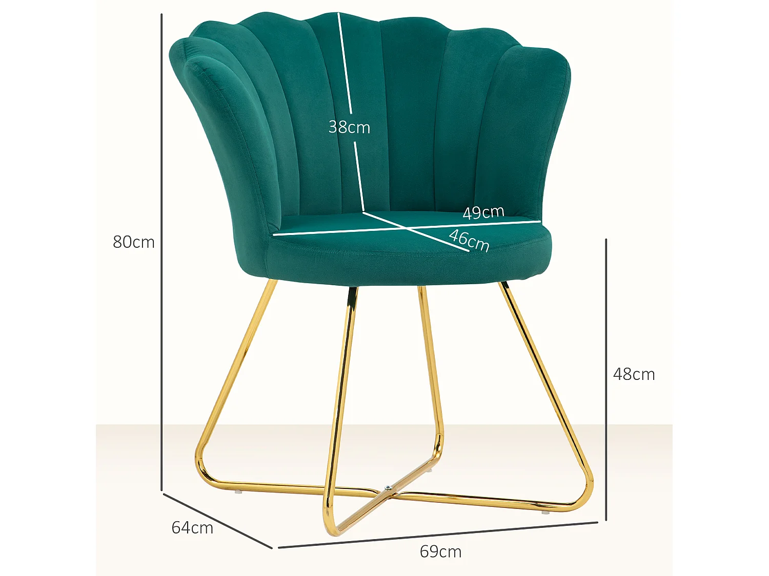 Fauteuil design coquillage piètement acier doré velours vert émeraude