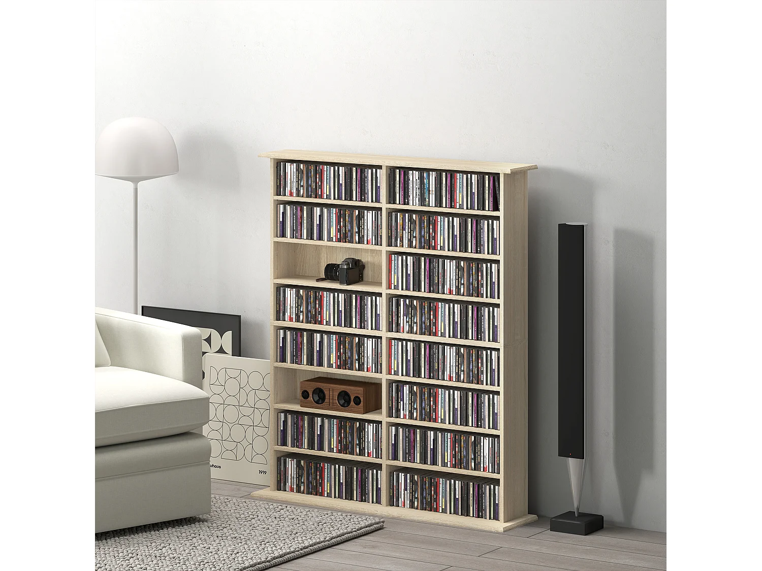 Étagère range CD - meuble rangement CD DVD - 16 compartiments, 12 étagères réglables - max 720 CD/396 DVD - naturel