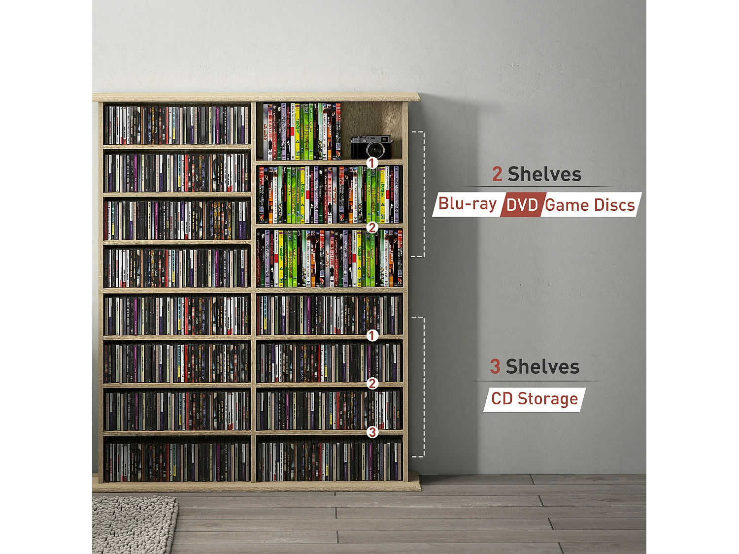 Étagère range CD - meuble rangement CD DVD - 16 compartiments, 12 étagères réglables - max 720 CD/396 DVD - naturel