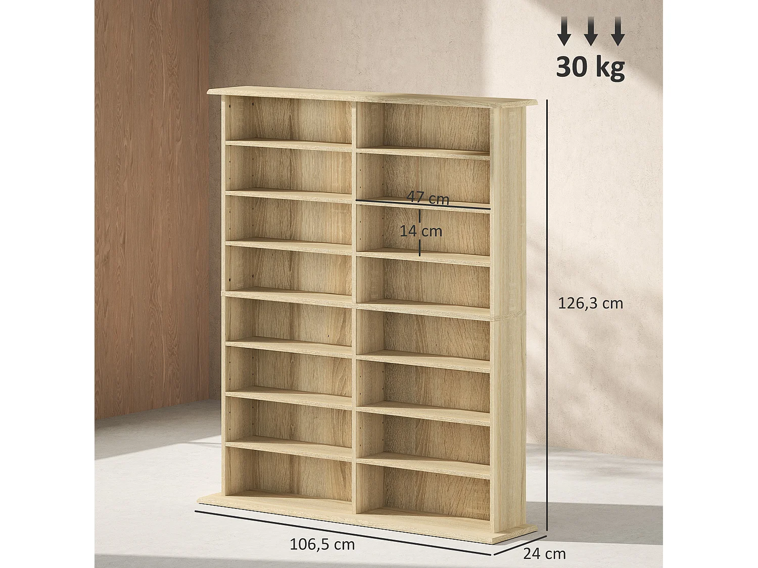 Étagère range CD - meuble rangement CD DVD - 16 compartiments, 12 étagères réglables - max 720 CD/396 DVD - naturel