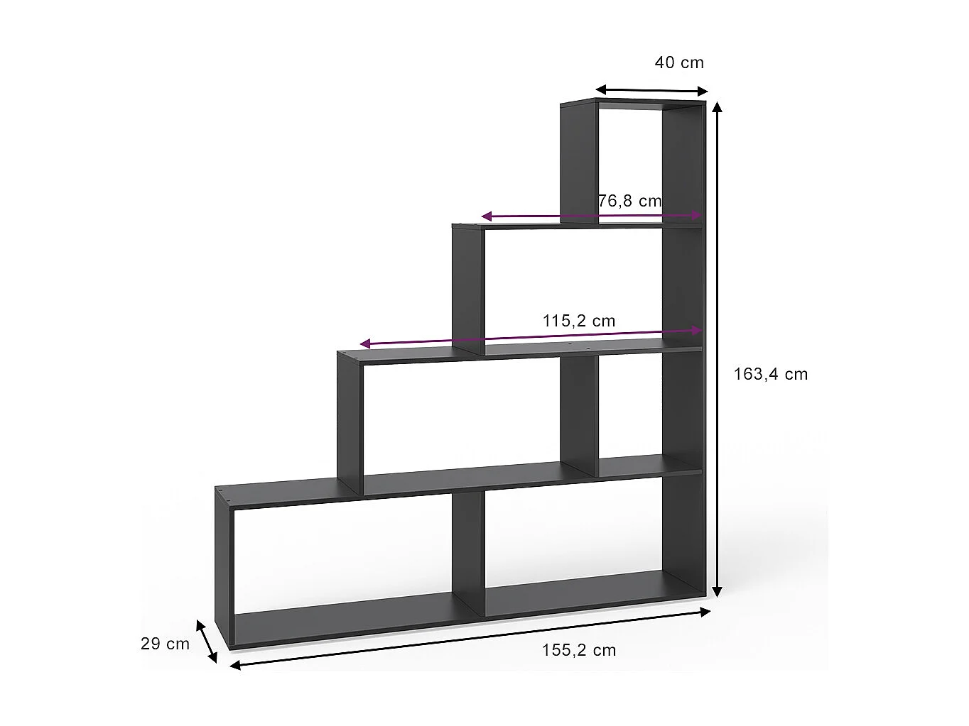 Treppenregal schwarz 163x29x155