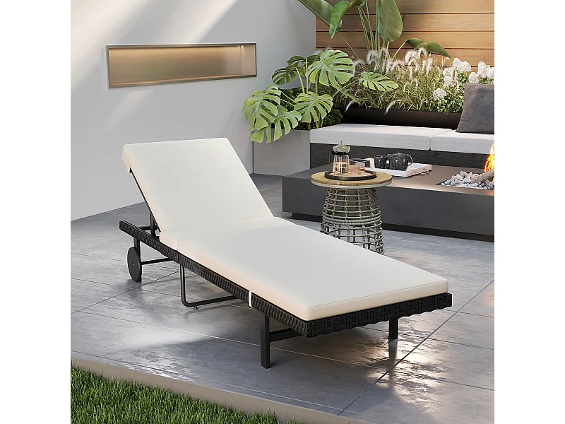 Bain de soleil transat inclinable 2 roues - épais matelas intégré blanc cassé -  acier résine tressée noir