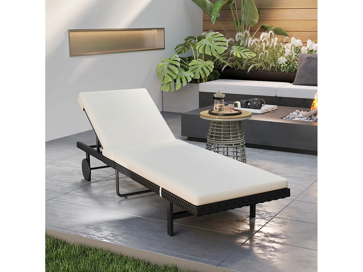 Bain de soleil transat inclinable 2 roues - épais matelas intégré blanc cassé -  acier résine tressée noir