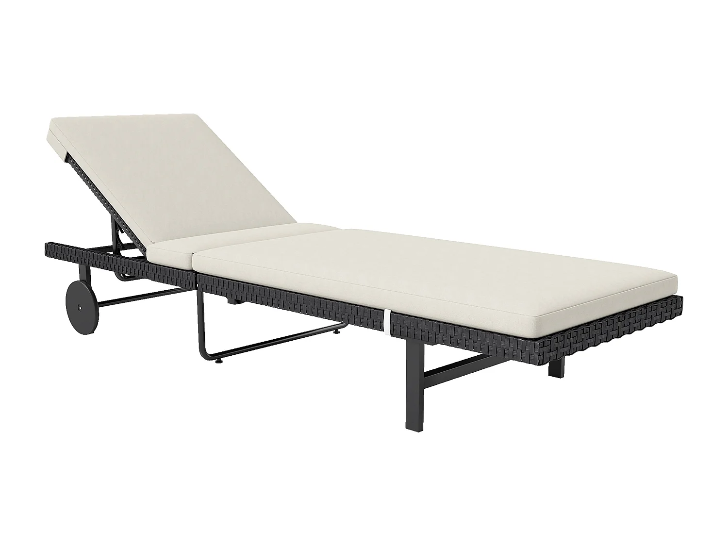 Bain de soleil transat inclinable 2 roues - épais matelas intégré blanc cassé -  acier résine tressée noir