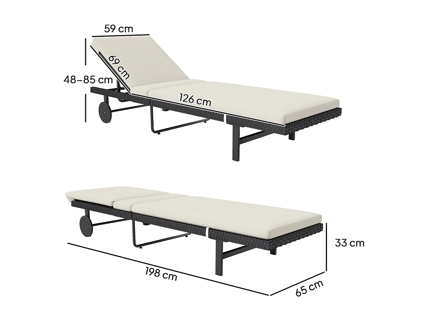 Bain de soleil transat inclinable 2 roues - épais matelas intégré blanc cassé -  acier résine tressée noir