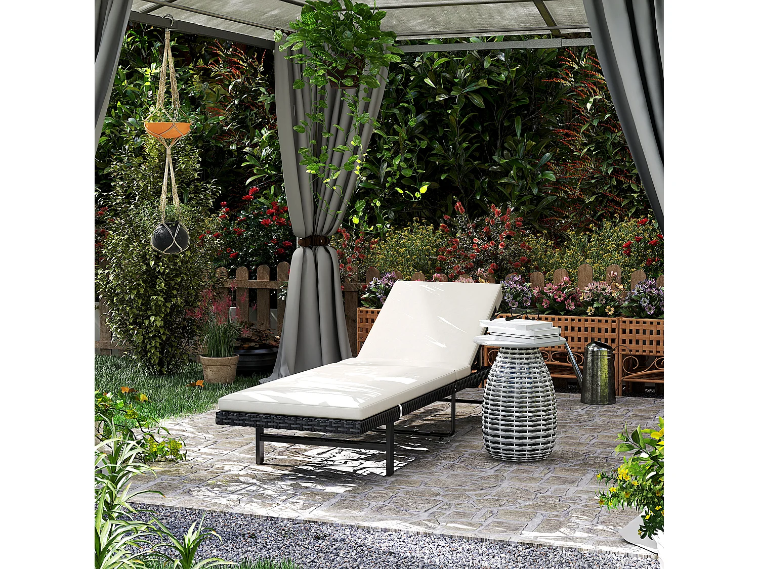 Bain de soleil transat inclinable 2 roues - épais matelas intégré blanc cassé -  acier résine tressée noir