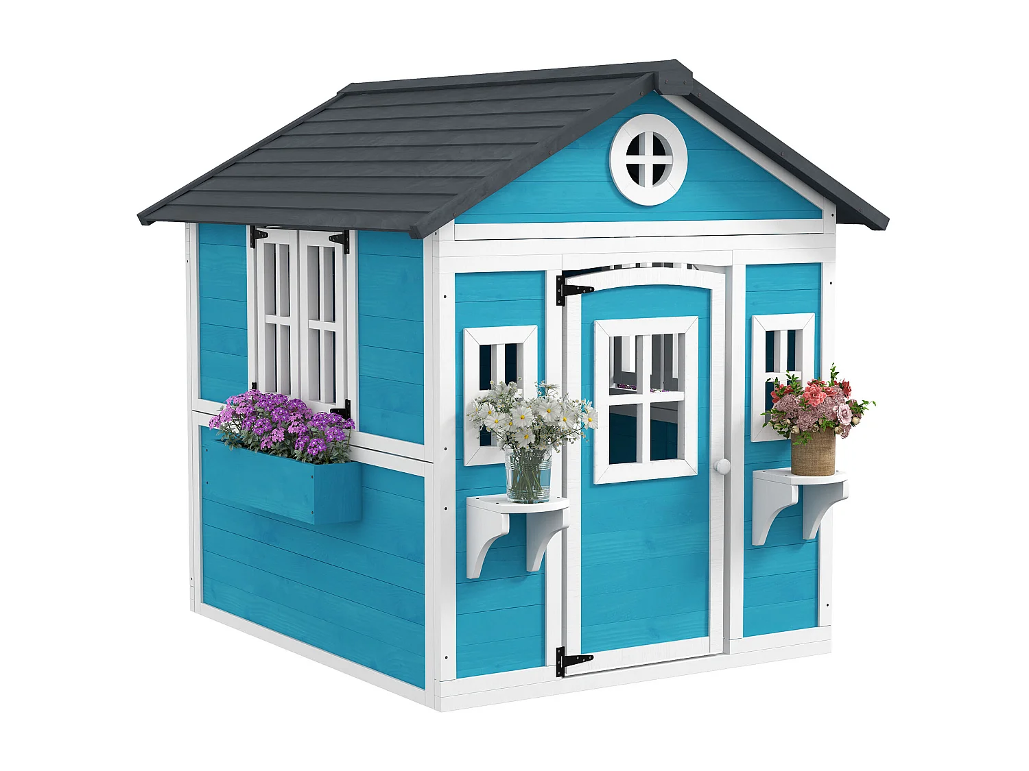 Maison de jeux enfant - jeu plein air maisonnette enfant - dim. 114L x 126,4l x 135H cm - bois bleu blanc noir
