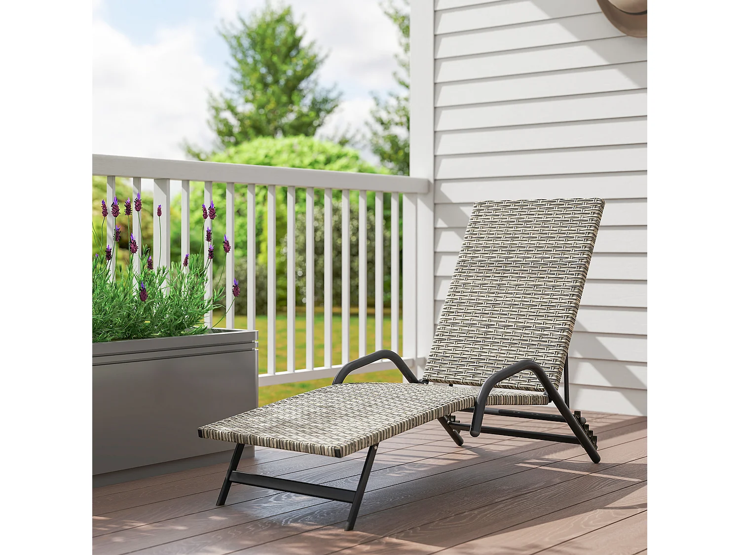 Bain de soleil inclinable réglable en résine tressée beige brun accoudoirs structure noir