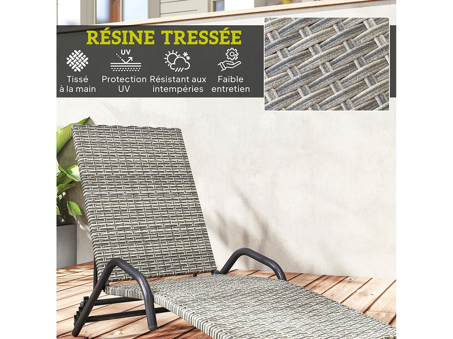 Bain de soleil inclinable réglable en résine tressée beige brun accoudoirs structure noir