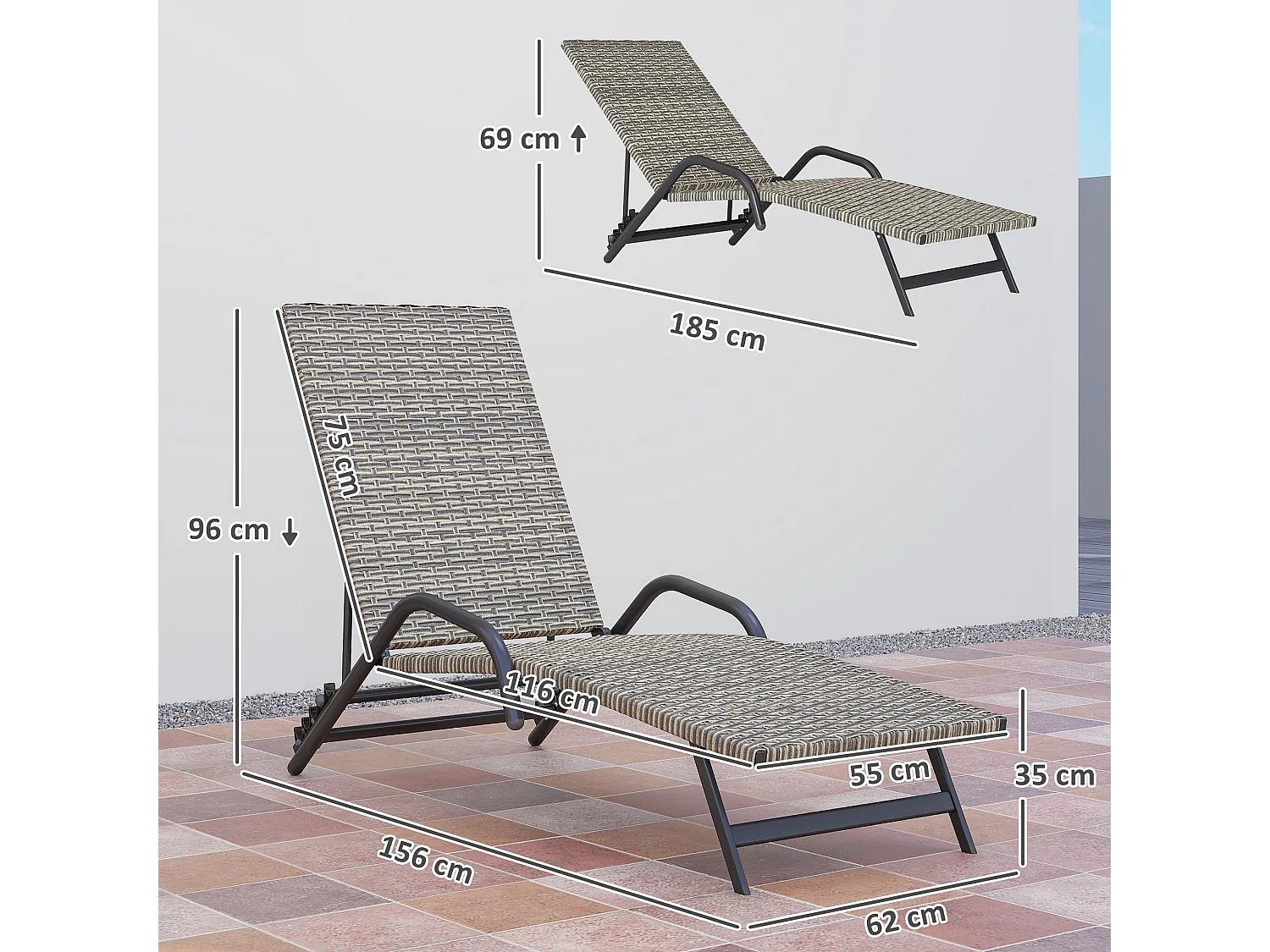 Bain de soleil inclinable réglable en résine tressée beige brun accoudoirs structure noir