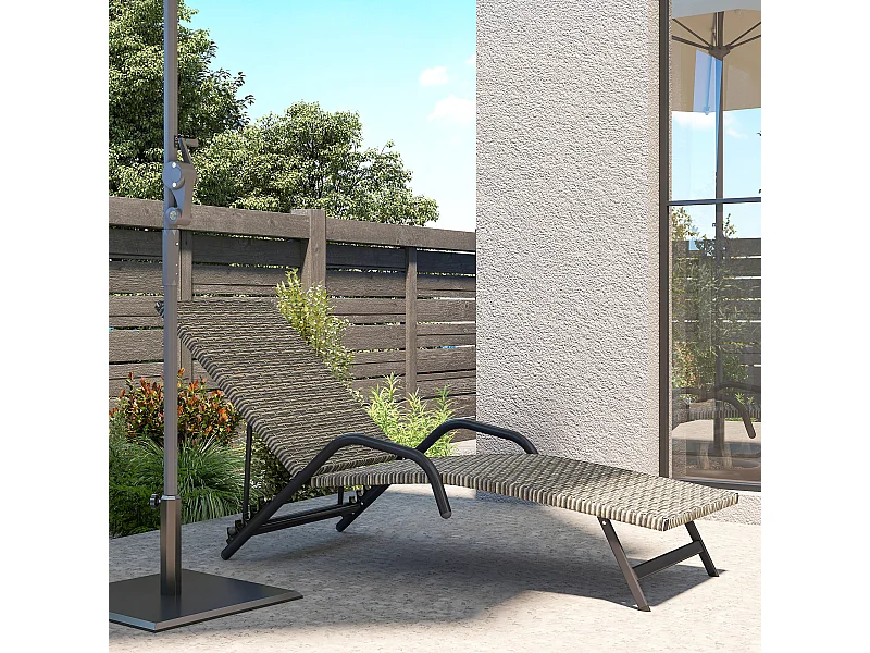 Bain de soleil inclinable réglable en résine tressée beige brun accoudoirs structure noir