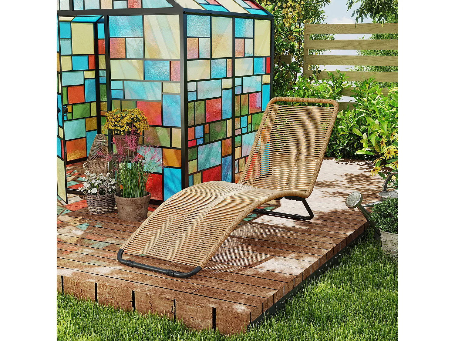 Bain de soleil style colonial - 176 x 58 x 82 cm - acier noir résine filaire beige