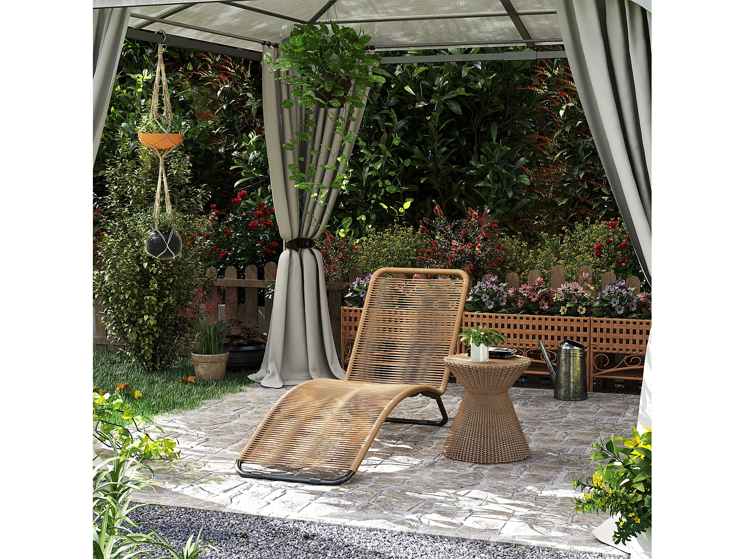 Bain de soleil style colonial - 176 x 58 x 82 cm - acier noir résine filaire beige