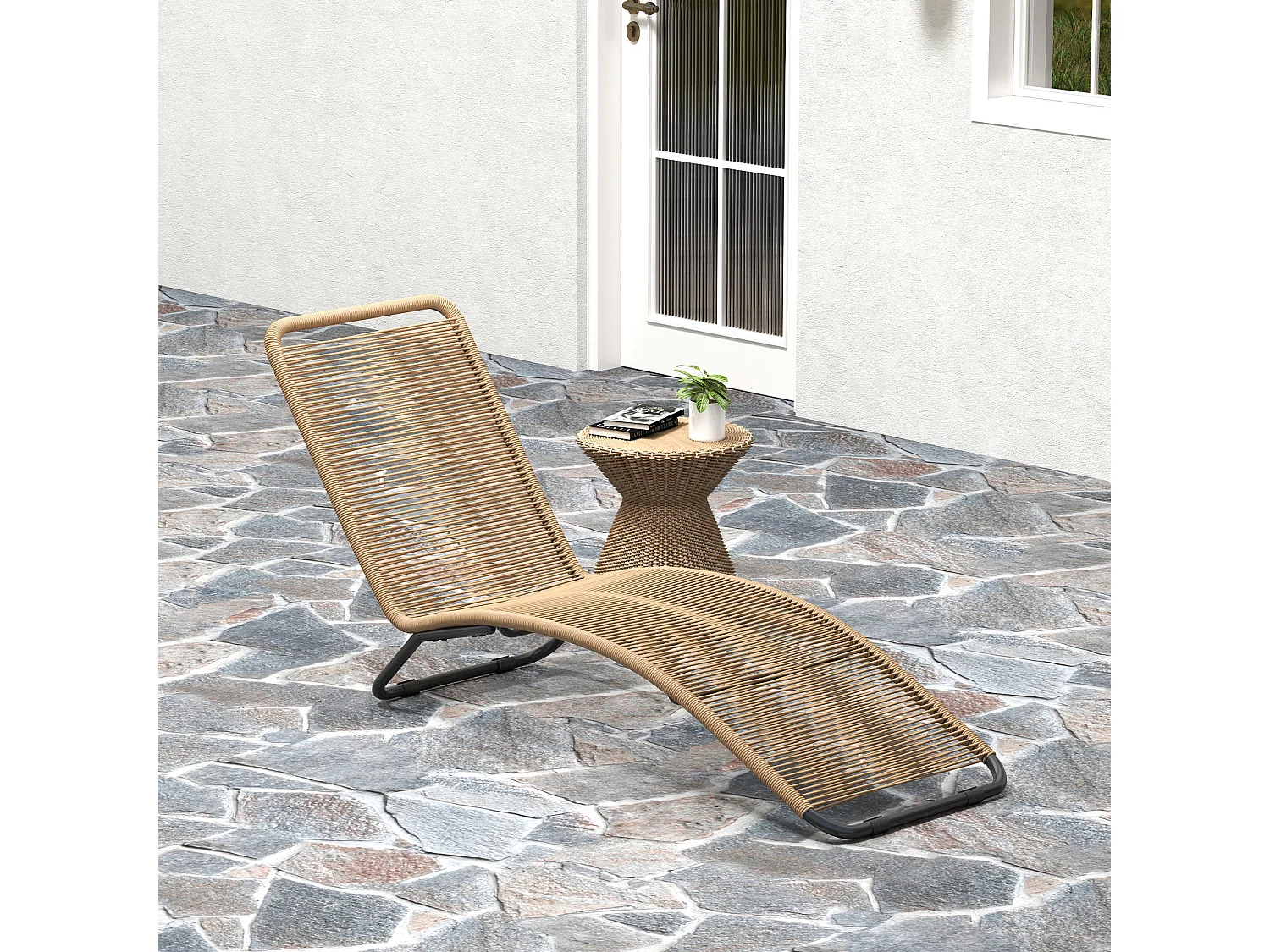 Bain de soleil style colonial - 176 x 58 x 82 cm - acier noir résine filaire beige
