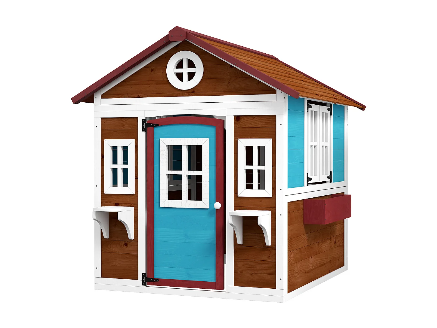 Maison de jeux enfant - jeu plein air maisonnette enfant - dim. 114L x 126,4l x 135H cm - bois bleu blanc brun