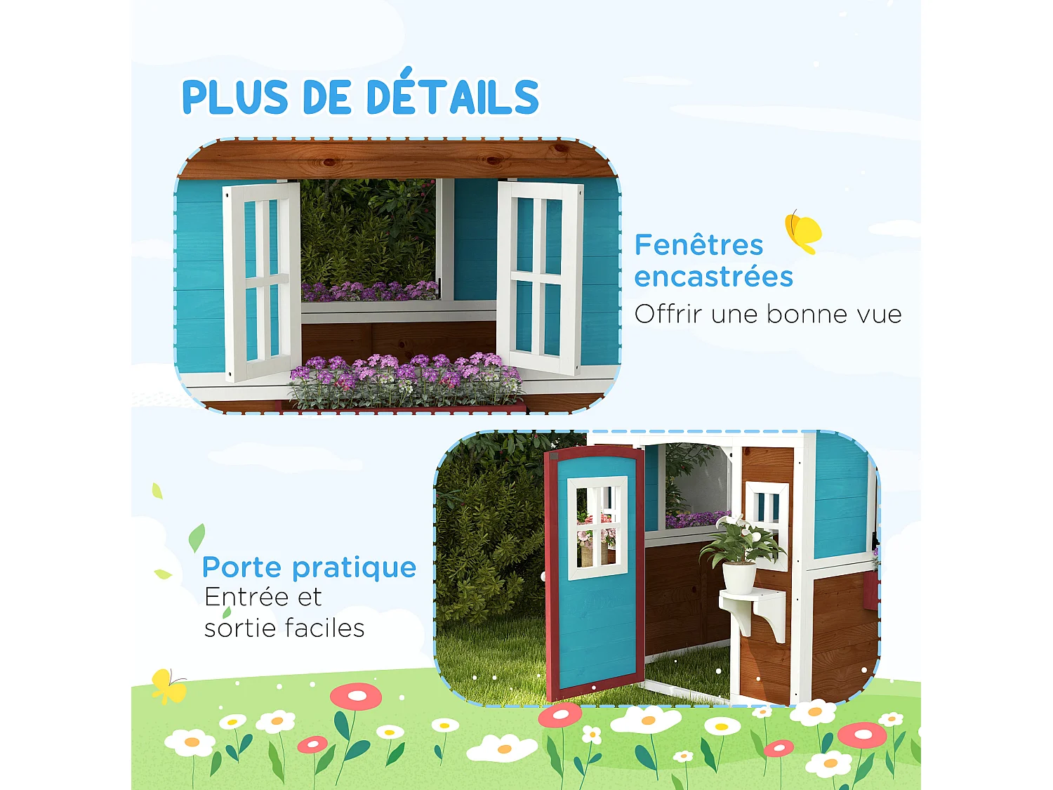 Maison de jeux enfant - jeu plein air maisonnette enfant - dim. 114L x 126,4l x 135H cm - bois bleu blanc brun