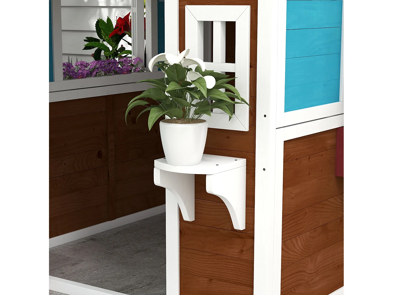 Maison de jeux enfant - jeu plein air maisonnette enfant - dim. 114L x 126,4l x 135H cm - bois bleu blanc brun