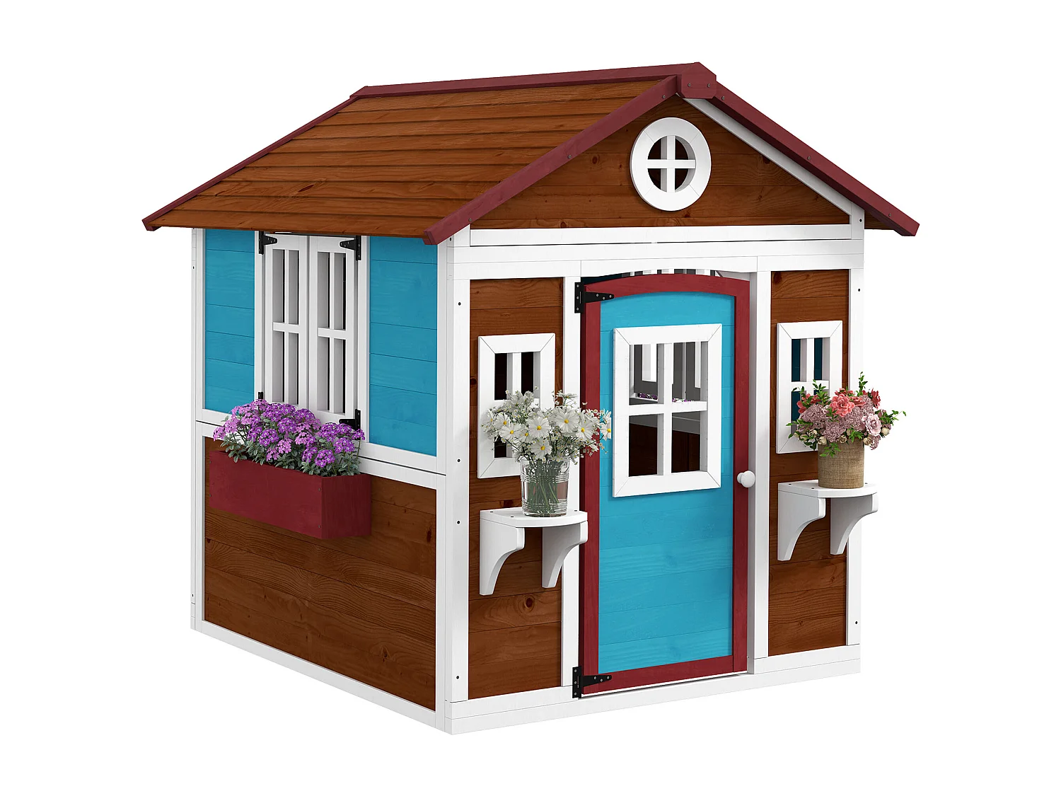 Maison de jeux enfant - jeu plein air maisonnette enfant - dim. 114L x 126,4l x 135H cm - bois bleu blanc brun