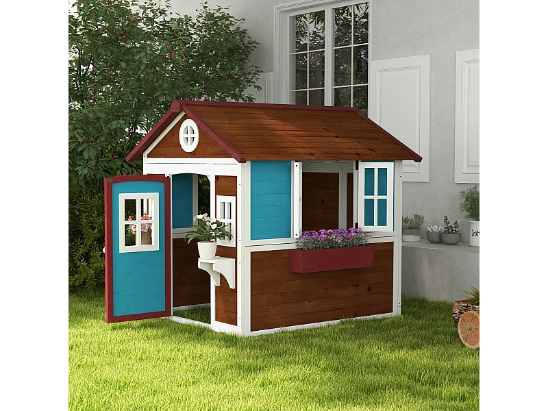 Maison de jeux enfant - jeu plein air maisonnette enfant - dim. 114L x 126,4l x 135H cm - bois bleu blanc brun