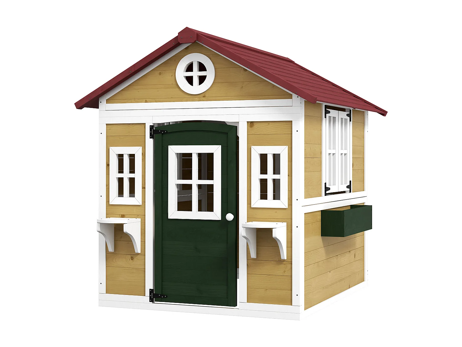 Maison de jeux enfant - jeu plein air maisonnette enfant - dim. 114L x 126,4l x 135H cm - bois vert blanc naturel bordeaux