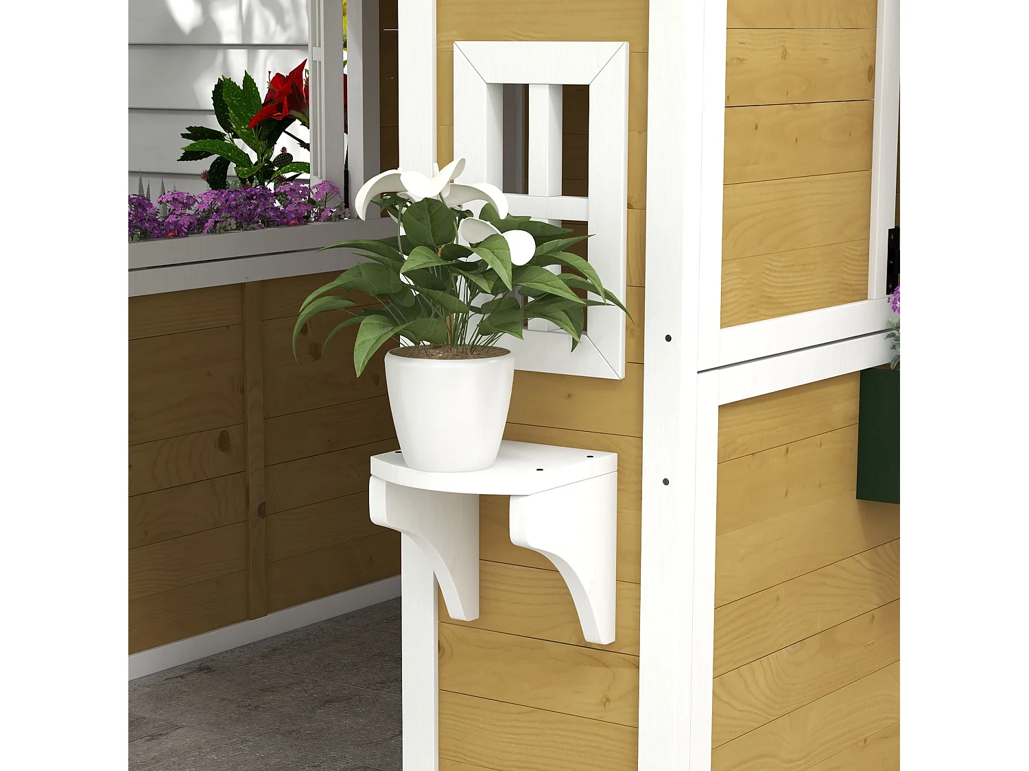 Maison de jeux enfant - jeu plein air maisonnette enfant - dim. 114L x 126,4l x 135H cm - bois vert blanc naturel bordeaux