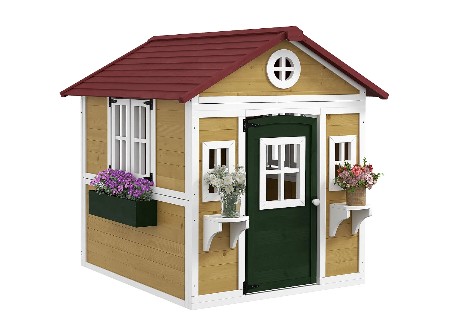 Maison de jeux enfant - jeu plein air maisonnette enfant - dim. 114L x 126,4l x 135H cm - bois vert blanc naturel bordeaux