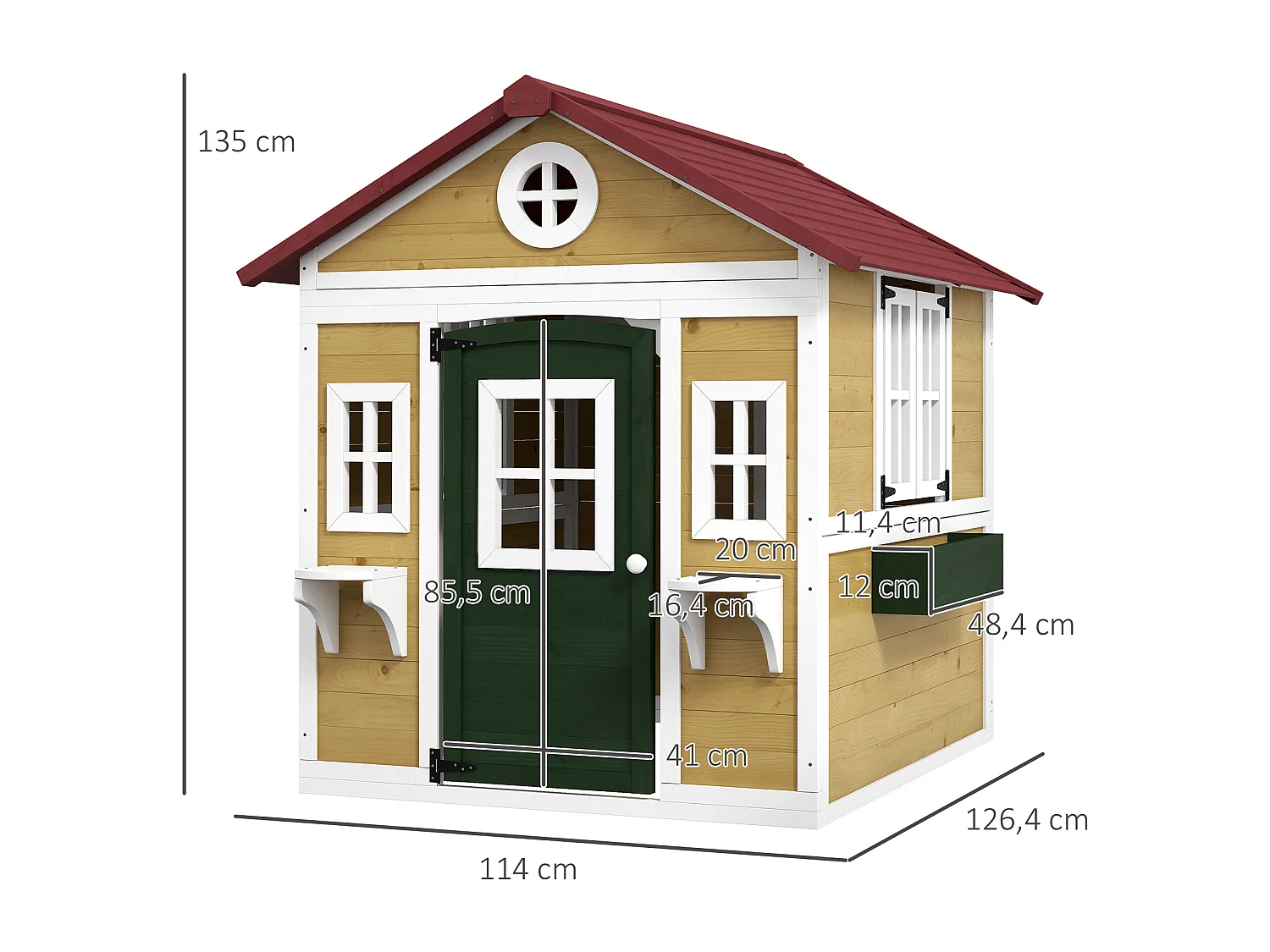 Maison de jeux enfant - jeu plein air maisonnette enfant - dim. 114L x 126,4l x 135H cm - bois vert blanc naturel bordeaux