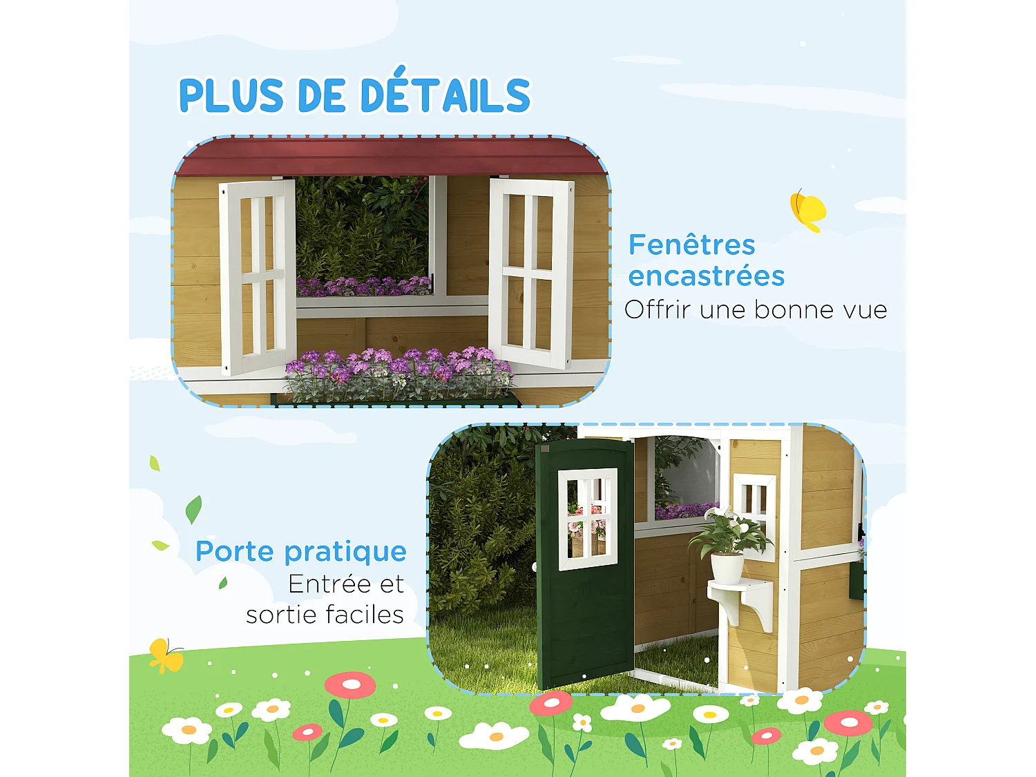 Maison de jeux enfant - jeu plein air maisonnette enfant - dim. 114L x 126,4l x 135H cm - bois vert blanc naturel bordeaux