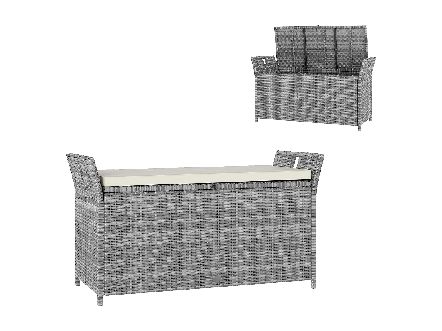 Coffre de jardin en résine tressée avec poignées et coussin déhoussable dim. 125 x 55 x 70 cm gris