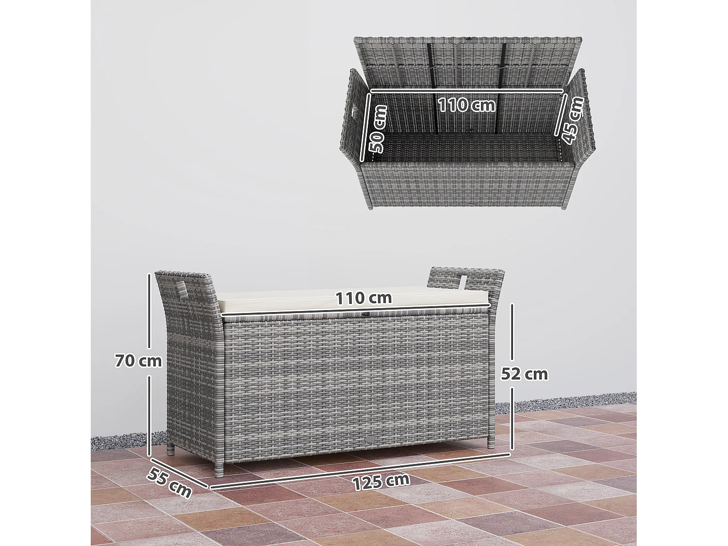 Coffre de jardin en résine tressée avec poignées et coussin déhoussable dim. 125 x 55 x 70 cm gris