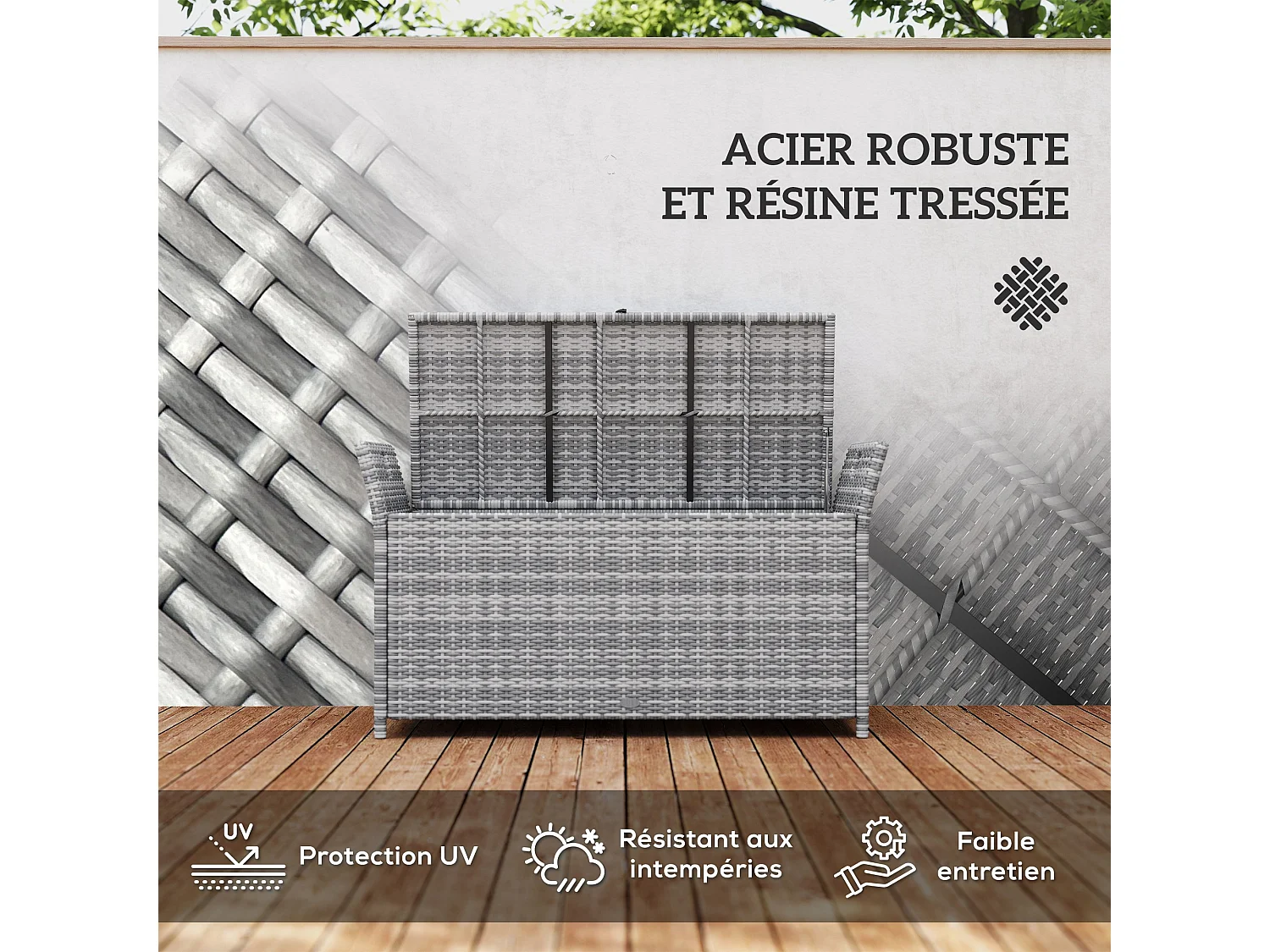 Coffre de jardin en résine tressée avec poignées et coussin déhoussable dim. 125 x 55 x 70 cm gris