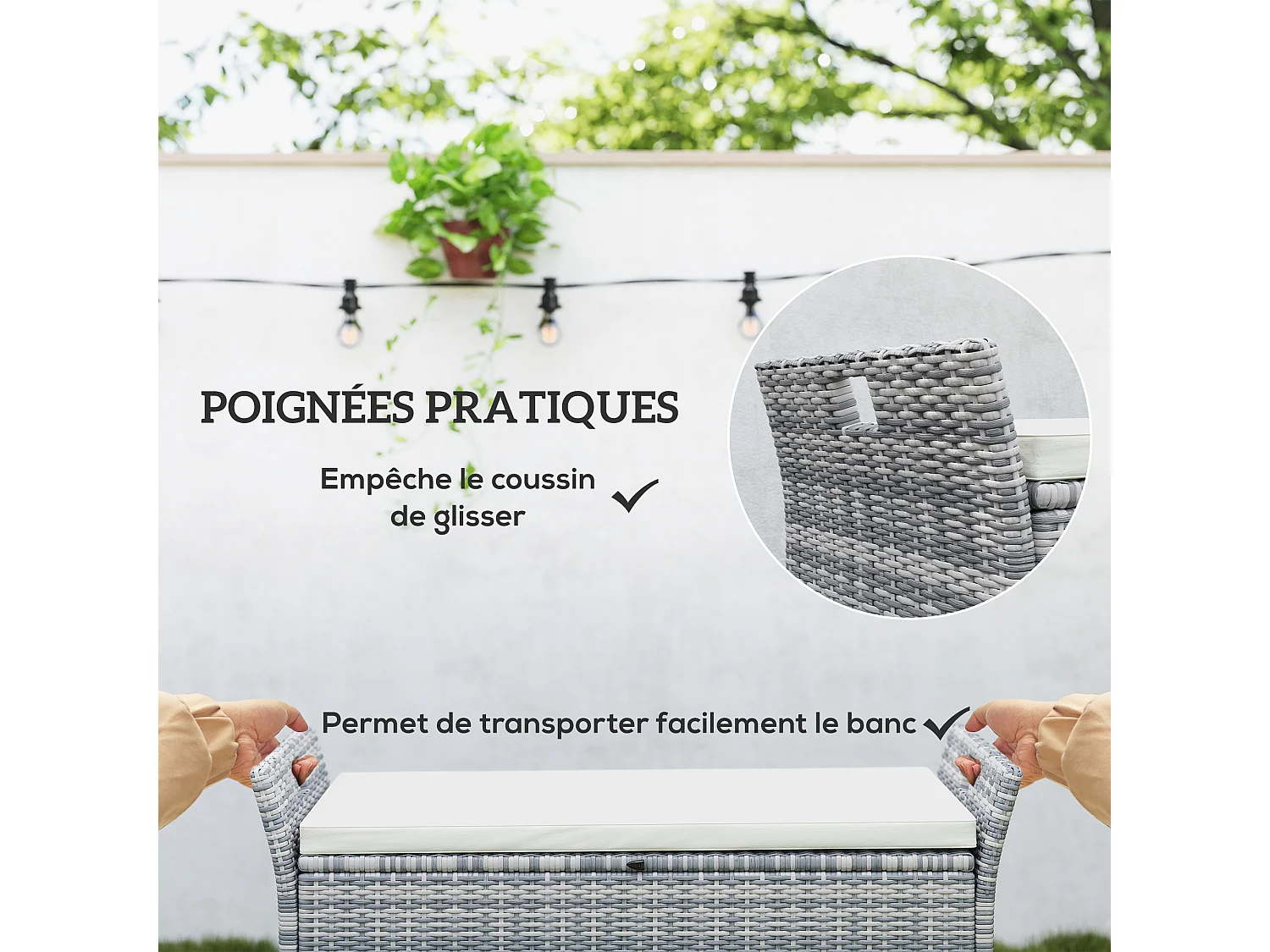 Coffre de jardin en résine tressée avec poignées et coussin déhoussable dim. 125 x 55 x 70 cm gris