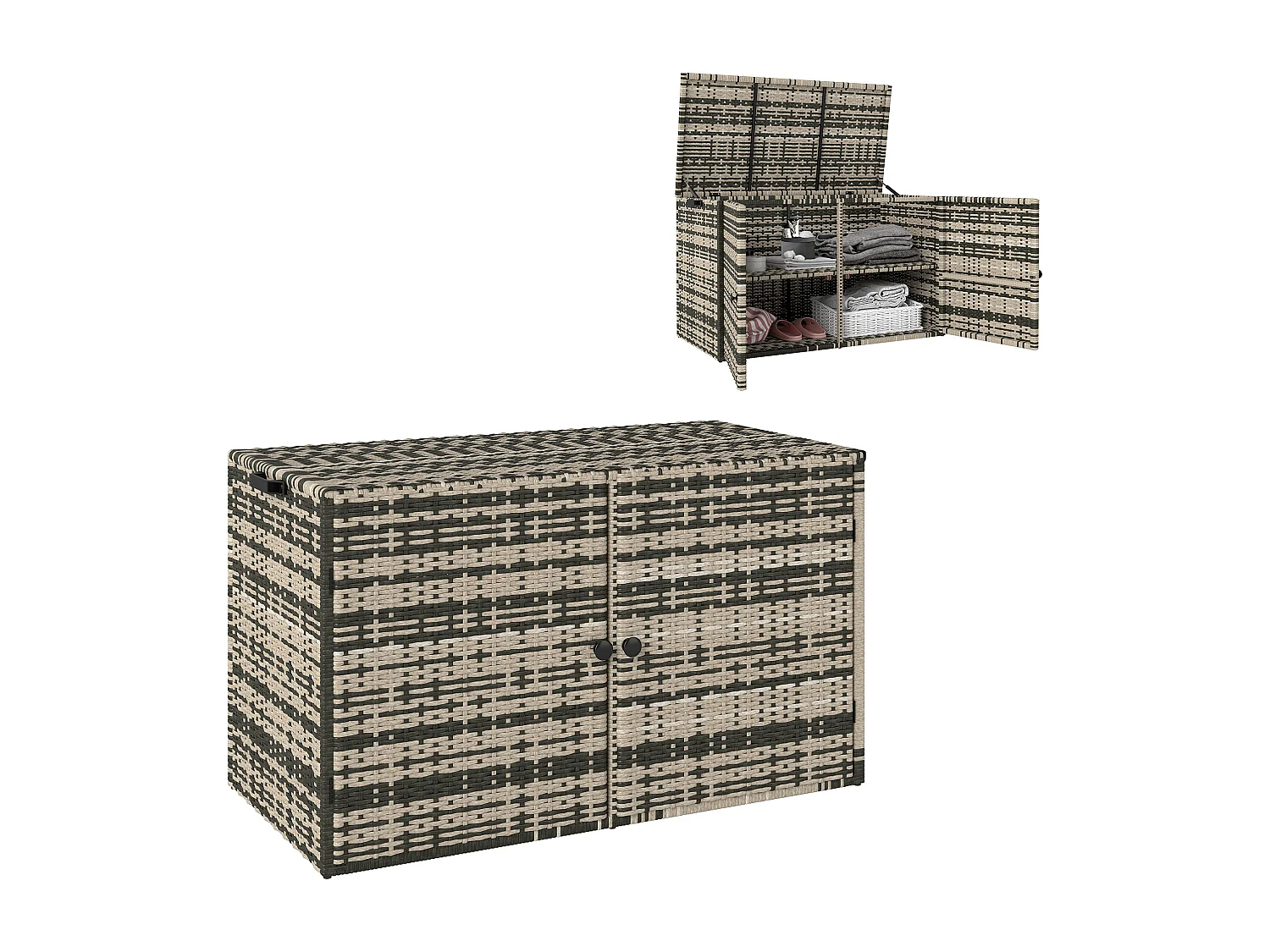 Coffre de jardin 3 portes étagère 350L dim. 118 x 57 x 69 cm résine tressée camaïeu de gris