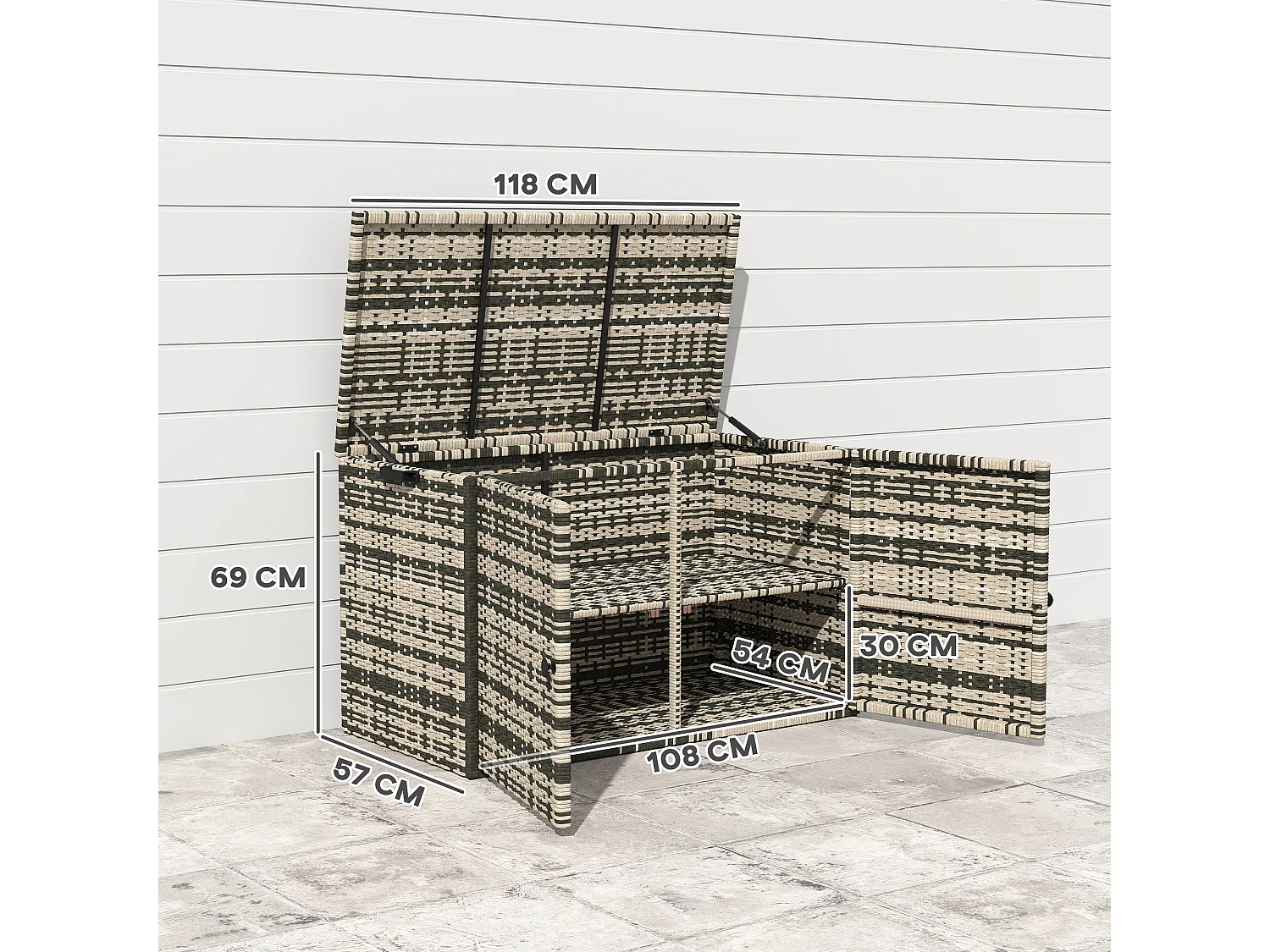 Coffre de jardin 3 portes étagère 350L dim. 118 x 57 x 69 cm résine tressée camaïeu de gris