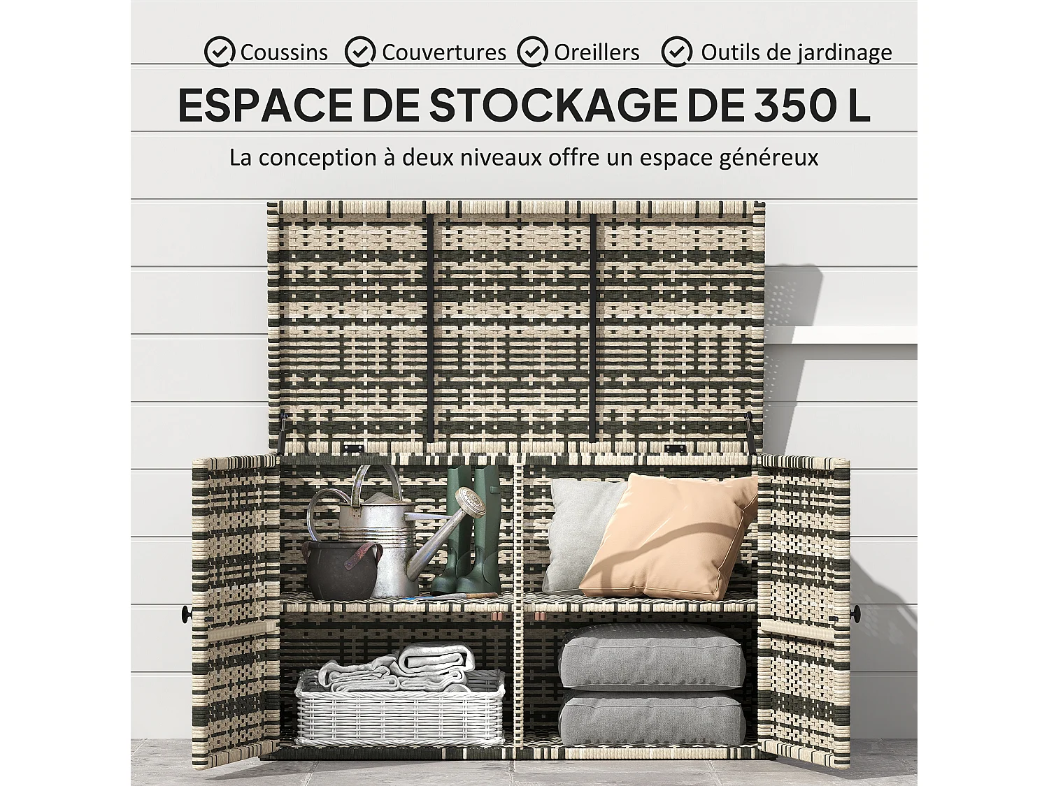 Coffre de jardin 3 portes étagère 350L dim. 118 x 57 x 69 cm résine tressée camaïeu de gris