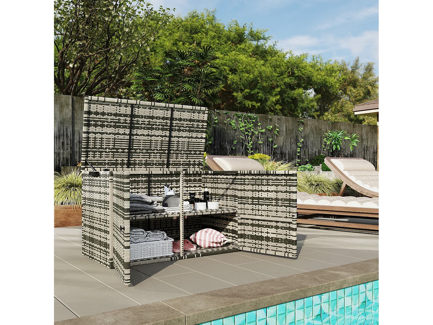 Coffre de jardin 3 portes étagère 350L dim. 118 x 57 x 69 cm résine tressée camaïeu de gris