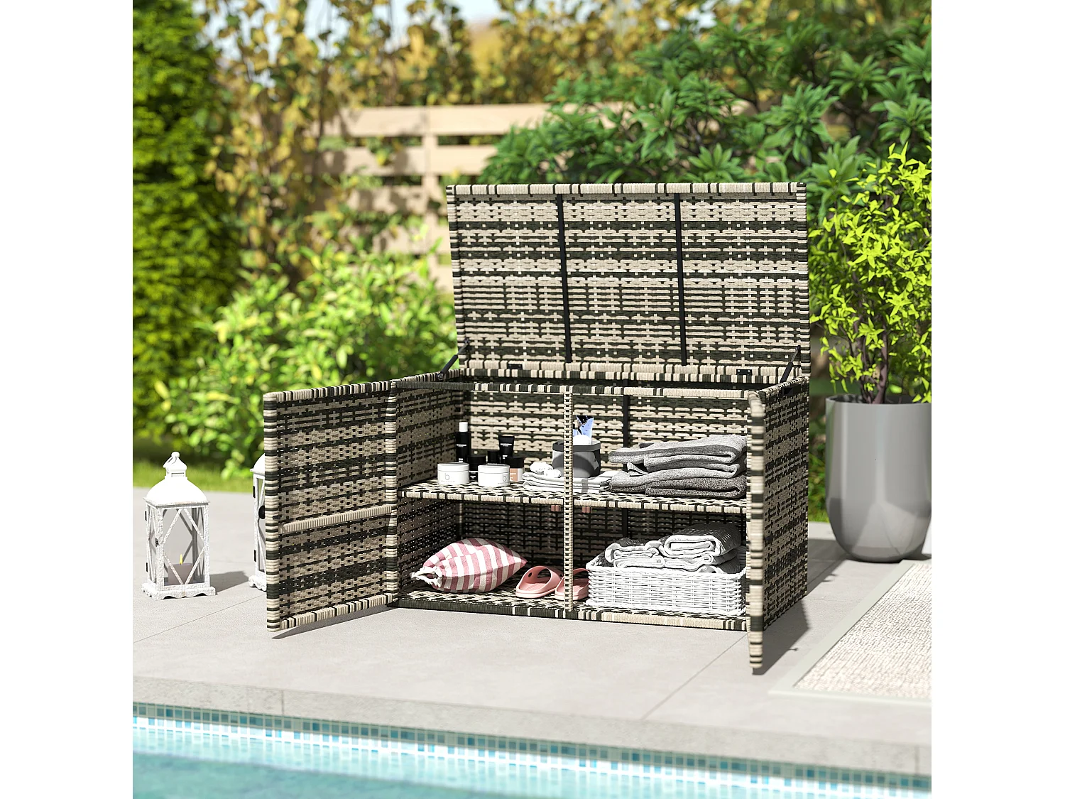 Coffre de jardin 3 portes étagère 350L dim. 118 x 57 x 69 cm résine tressée camaïeu de gris