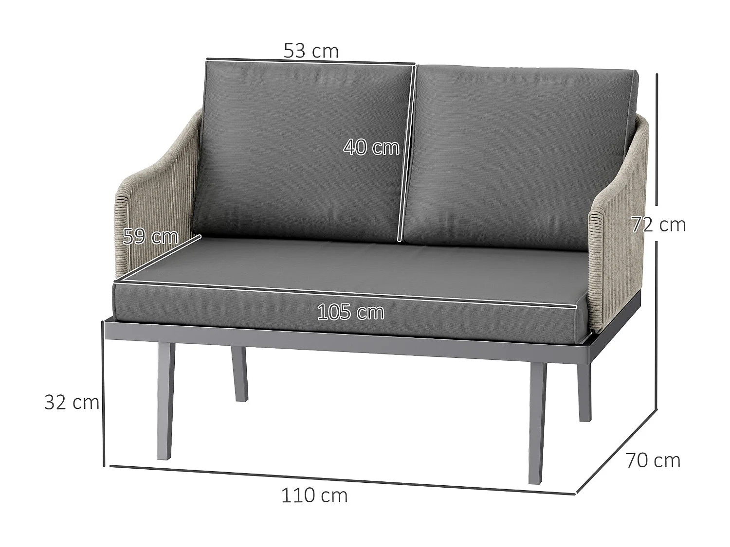 Canapé de jardin 2 places design contemporain - 3 coussins - acier gris résine filaire naturel