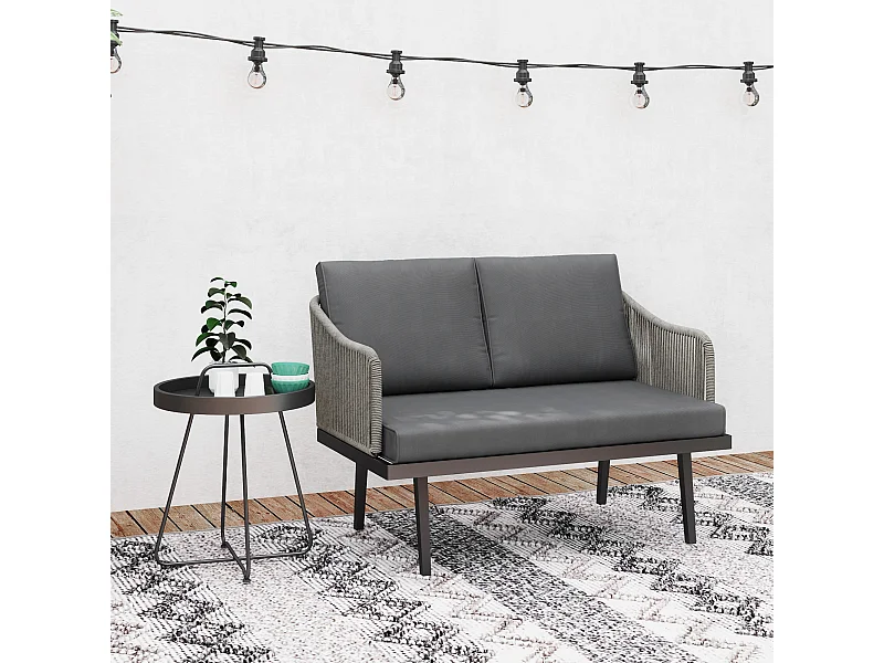 Canapé de jardin 2 places design contemporain - 3 coussins - acier gris résine filaire naturel