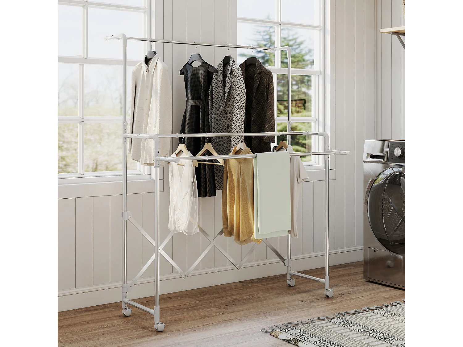 Séchoir à linge pliable réglable étendoir 3 barres 4 roulettes dim. L.104-150 x P.103 x H.145-197 cm acier inox