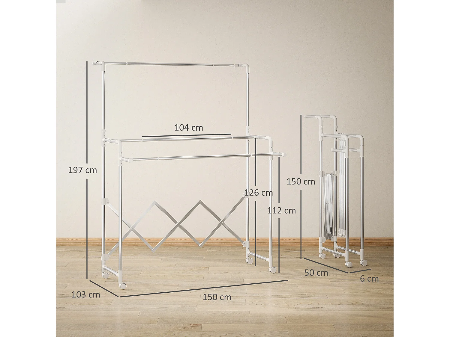 Séchoir à linge pliable réglable étendoir 3 barres 4 roulettes dim. L.104-150 x P.103 x H.145-197 cm acier inox