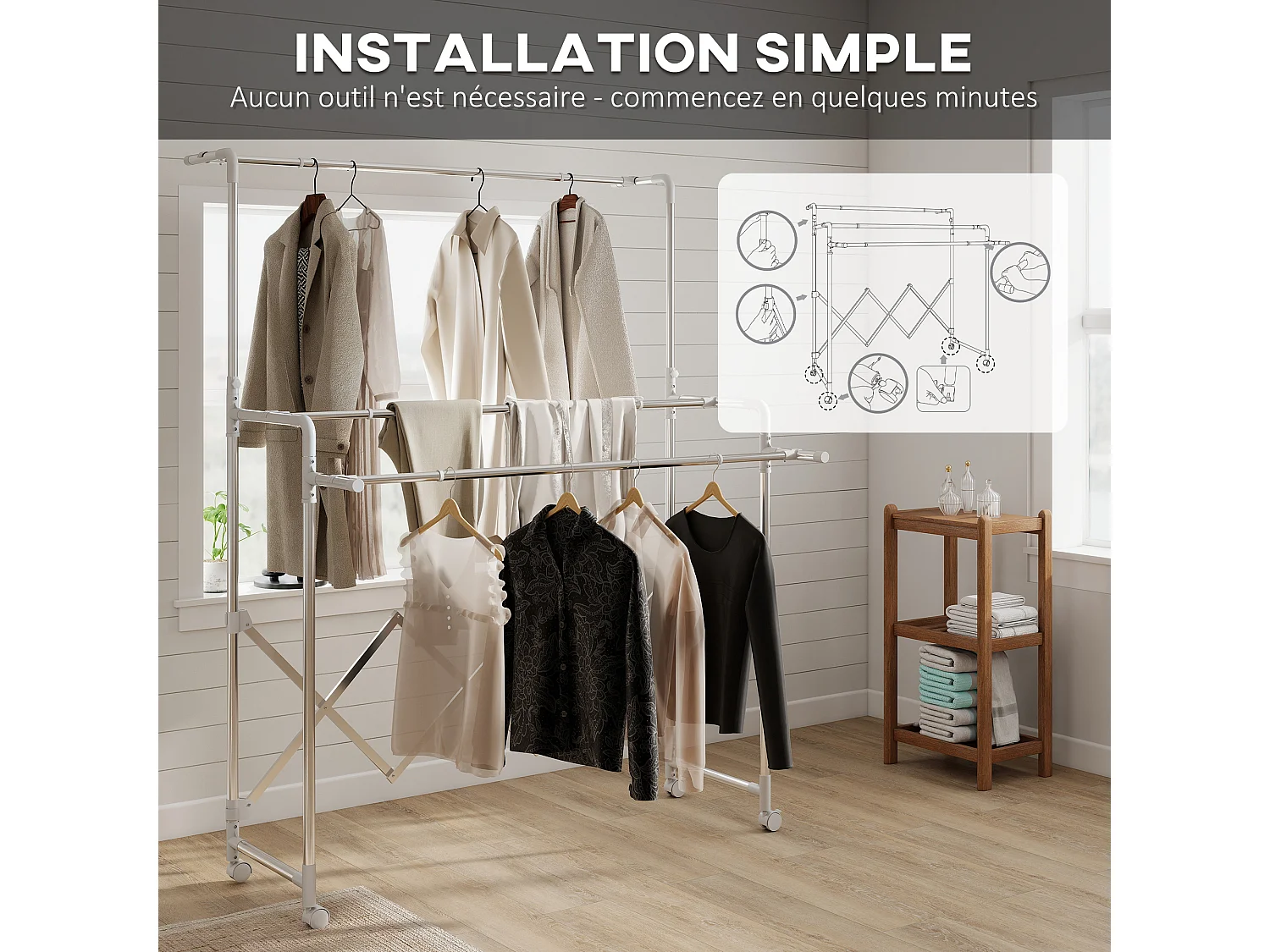 Séchoir à linge pliable réglable étendoir 3 barres 4 roulettes dim. L.104-150 x P.103 x H.145-197 cm acier inox