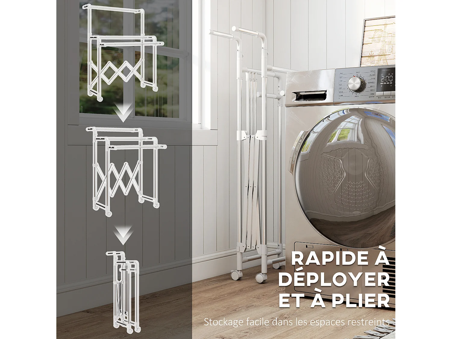 Séchoir à linge pliable réglable étendoir 3 barres 4 roulettes dim. L.104-150 x P.103 x H.145-197 cm acier inox