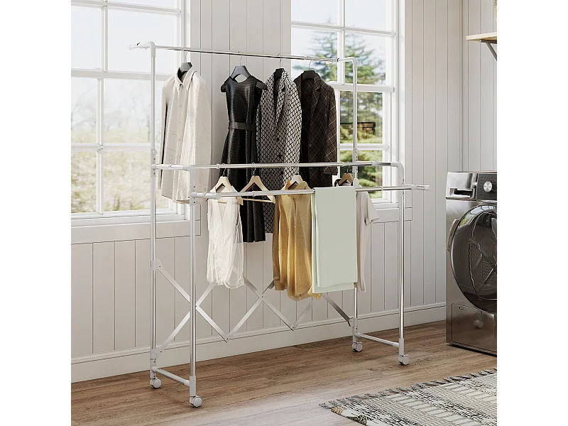 Séchoir à linge pliable réglable étendoir 3 barres 4 roulettes dim. L.104-150 x P.103 x H.145-197 cm acier inox