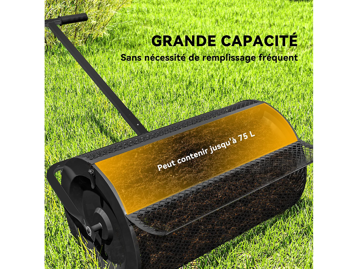 Épandeur de compost 75L - rouleau épandeur - poignée telescopique réglable - métal noir