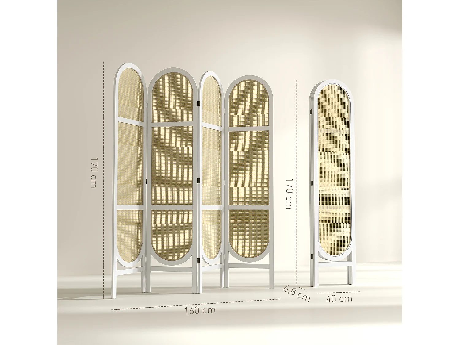 Paravent interieur pliable 4 panneaux 160 x 170 cm séparateur de pièce résine tressée effet rotin bois blanc