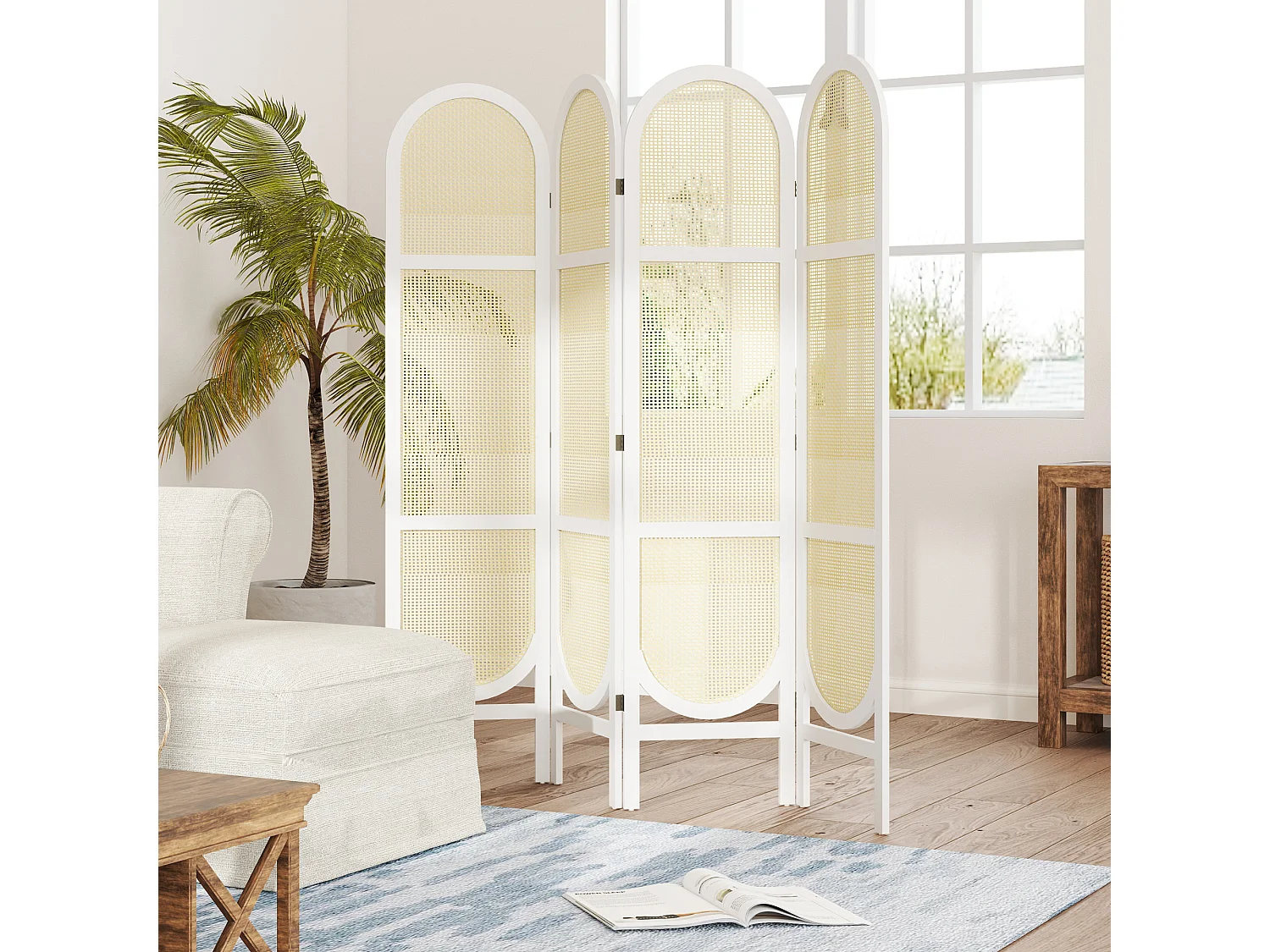 Paravent interieur pliable 4 panneaux 160 x 170 cm séparateur de pièce résine tressée effet rotin bois blanc