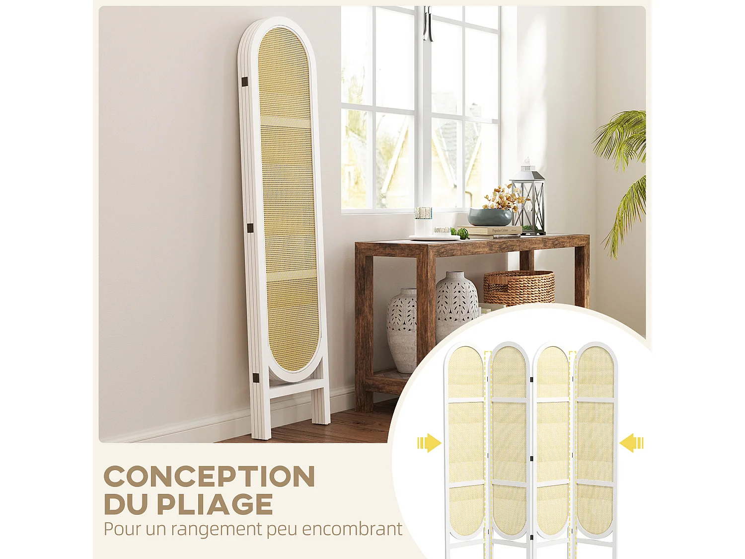 Paravent interieur pliable 4 panneaux 160 x 170 cm séparateur de pièce résine tressée effet rotin bois blanc